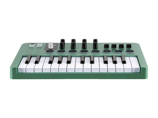 MIDI клавиатура [231506] Arturia [MiniLAB 3 Mint Edition] 25 клавиш, 8 энкодеров, 8 RGB пэдов, 8 фейдеров, дисплей, сенсорные регуляторы Pitch/Modulation, MIDI-выход, 1/4" Jack вход педали, режим Chord, арпеджиатор, USB-C