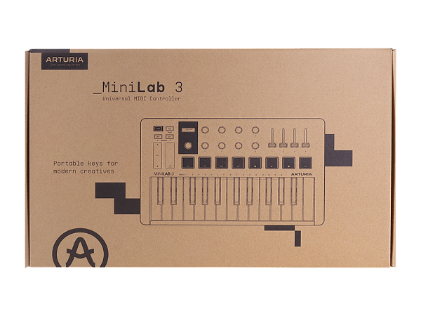 MIDI клавиатура [231502] Arturia [MiniLAB 3 Black Edition] 25 клавиш, 8 энкодеров, 8 RGB пэдов, 8 фейдеров, дисплей, сенсорные регуляторы Pitch/Modulation, MIDI-выход, 1/4" Jack вход педали, режим Chord, арпеджиатор, USB-C