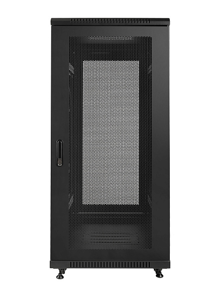 Рэковая стойка Wize Pro [W27U100R-M] 19”, 27U, 600х1000 мм, передняя и задняя двери металлические перфорированные, колеса, рэковые гайки: 20 шт, макс. вес нагрузки 800 кг, сталь, черный (3 места)