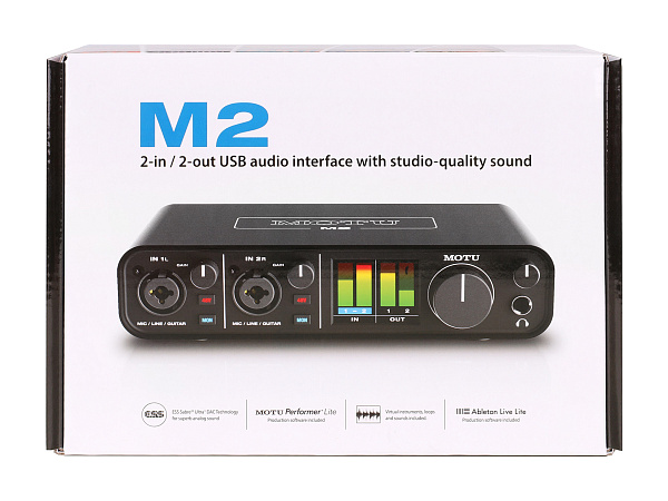 Аудиоинтерфейс USB [3120/3121] Motu [M2] АЦП/ЦАП: 24 бит/192 кГц, ЦАП ESS Sabre32 Ultra, 120 дБ, THD+N: -110 дБ, 2xCombo XLR/TRS микр./инстр. Входа / 2xRCA выхода, 2x1/4" TRS Jack выхода, 1/4" TRS Jack выход для наушников, MIDI вход/выход, USB-C