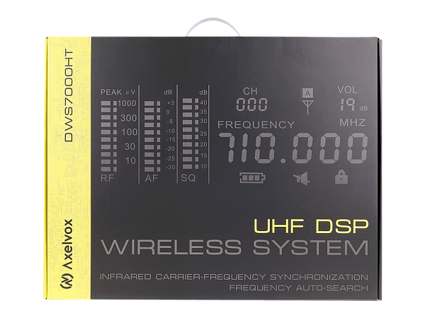 Микрофонная радиосистема Axelvox [DWS7000HT (RT Bundle)] UHF 710-726 MHz, 2 х 32 канала,LCD дисплей, 2х ИК порт, 2 ручных микрофона, 2 держателя на стойку, 2 силиконовых кольца, рэковый приемник