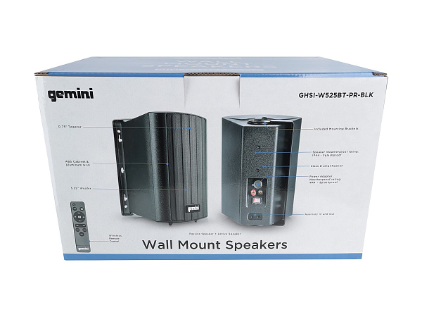 Акустическая система Gemini [GHSI-W525BT-PR-BLK] Активная + пассивная АС, 5.25" НЧ + 0.75" ВЧ, мощность RMS/Peak 60/150 Вт, АЧХ 45-20000 Гц, динамики: 5" НЧ, 1" ВЧ, IP44, BT, 3,5 мм AUX вход, 3,5 мм AUX выход, настенные крепления, пульт ДУ, цвет черный