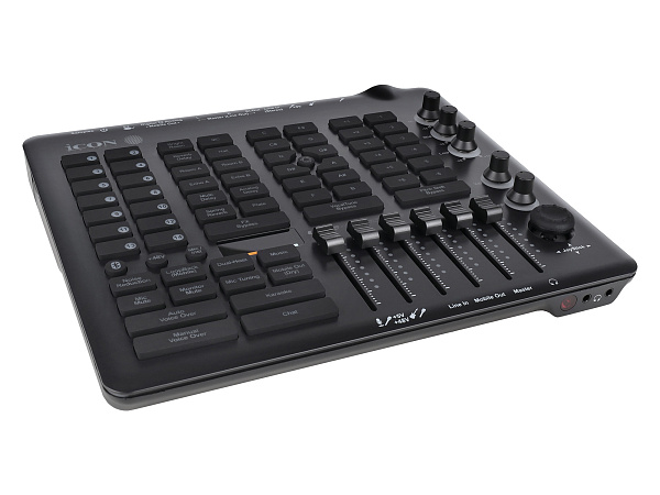 Аудиоинтерфейс USB [110312A2011] Icon [Live Console] для стримов, DSP обработка, фейдеров: 6, энкодеров: 5, дисплеи: 4, XLR микр. вход, 1/4" TRS, 1/4" TS, 1/8" Stereo mini Jack/ 2x1/4" TRS, 1/8" Stereo mini Jack, 2x1/8" Stereo mini Jack, USB-C
