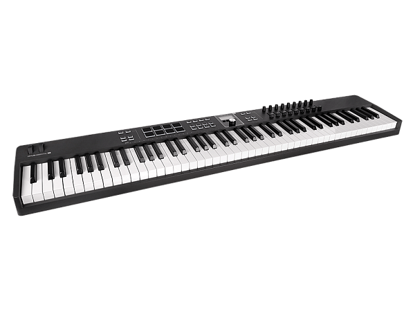 MIDI клавиатура [231542] Arturia [KeyLab Essential 88 mk3 Black] 88 клавиш, LCD дисплей, 9 энкодеров, 8 пэдов, 9 фейдеров, 12 кнопок управления, колеса высоты тона и модуляции, 1/4" Jack вход для педали, MIDI выход, Type-C