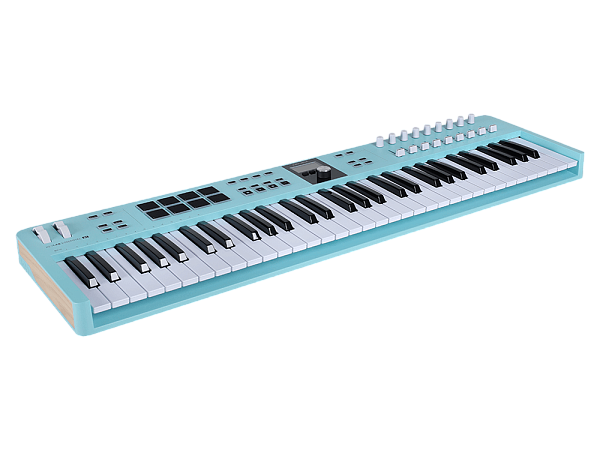 MIDI клавиатура [231534] Arturia [KeyLab Essential 61 mk3 Aquamarine] 61 клавиша, LCD дисплей, 9 энкодеров, 8 пэдов, 9 фейдеров, 12 кнопок управления, колеса высоты тона и модуляции, 1/4" Jack вход для педали, MIDI выход, Type-C
