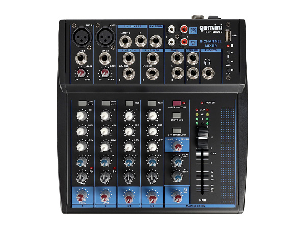 Микшер [GEM-08USB] Gemini [GEM-08USB] аналоговый, 8 каналов, выход на наушники, Bluetooth, USB-проигрыватель файлов в формате MP3/WAV