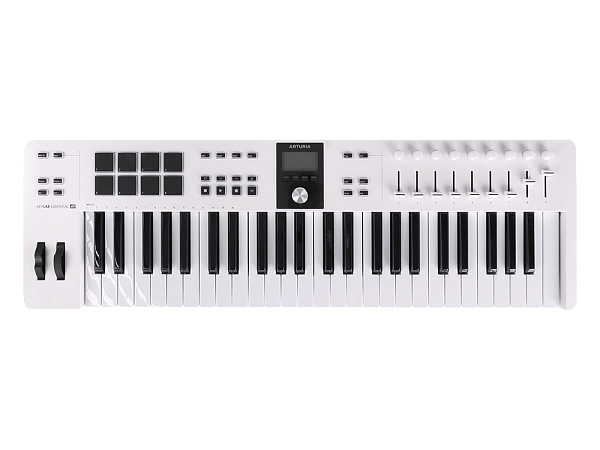 MIDI клавиатура [231521] Arturia [KeyLab Essential 49 mk3 White] 49 клавиш, LCD дисплей, 9 энкодеров, 8 пэдов, 9 фейдеров, 12 кнопок управления, колеса высоты тона и модуляции, 1/4" Jack вход для педали, MIDI выход, Type-C