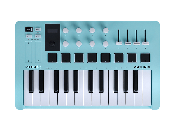MIDI клавиатура [231599] Arturia [MiniLAB 3 Aquamarine] 25 клавиш, 8 энкодеров, 8 RGB пэдов, 8 фейдеров, дисплей, сенсорные регуляторы Pitch/Modulation, MIDI-выход, 1/4" Jack вход педали, режим Chord, арпеджиатор, USB-C