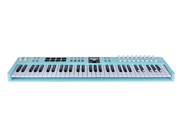 MIDI клавиатура [231534] Arturia [KeyLab Essential 61 mk3 Aquamarine] 61 клавиша, LCD дисплей, 9 энкодеров, 8 пэдов, 9 фейдеров, 12 кнопок управления, колеса высоты тона и модуляции, 1/4" Jack вход для педали, MIDI выход, Type-C