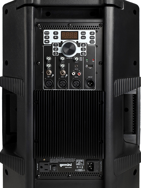 Акустическая система Gemini [GSP-5500] Активная, 2-х полосная, RMS/Peak 550/2200 Вт, АЧХ 40-20000 Гц, SPL 126 дБ, 15" ВЧ, 1,35" ВЧ, вх.: (2) XLR Mic, (2) 1/4" TRS Mic, 1/8” TRS AUX, RCA (L/R) AUX, XLR, вых.: XLR Mix, USB, SD, FM, Bluetooth