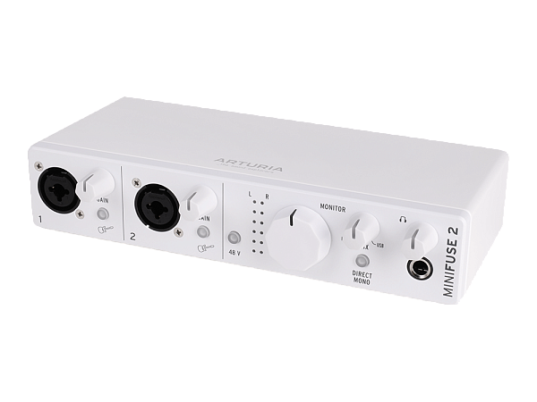 Аудиоинтерфейс USB [800112] Arturia [MiniFuse 2 White] 24бит/192кГц, два комбинированных входа XLR-1/4” (микрофонный / линейный / инструментальный уровень) с фантомным питанием +48 В, выходы на монитор (L/R Jack), выход для наушников, MIDI In/Out