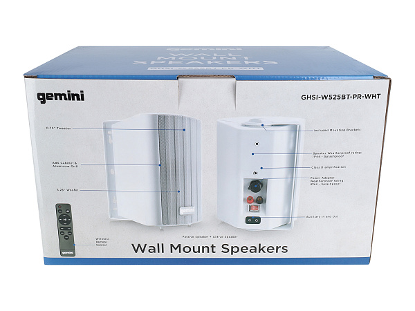 Акустическая система Gemini [GHSI-W525BT-PR-WHT] Активная + пассивная АС, 5.25" НЧ + 0.75" ВЧ, мощность RMS/Peak 60/150 Вт, АЧХ 45-20000 Гц, динамики: 5" НЧ, 1" ВЧ, IP44, BT, 3,5 мм AUX вход, 3,5 мм AUX выход, настенные крепления, пульт ДУ, цвет белый