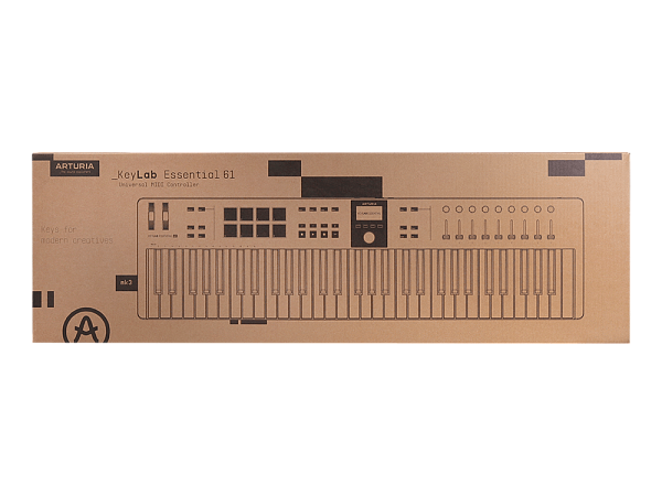MIDI клавиатура [231532] Arturia [KeyLab Essential 61 mk3 Black] 61 клавиша, LCD дисплей, 9 энкодеров, 8 пэдов, 9 фейдеров, 12 кнопок управления, колеса высоты тона и модуляции, 1/4" Jack вход для педали, MIDI выход, Type-C