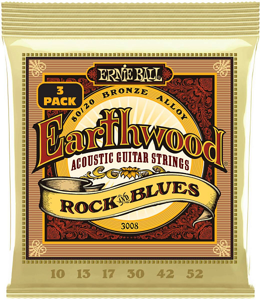 ERNIE BALL 3008 Earthwood 80/20 Bronze Rock&Blues 3 Pack 10-52 - Струны для акустической гитары