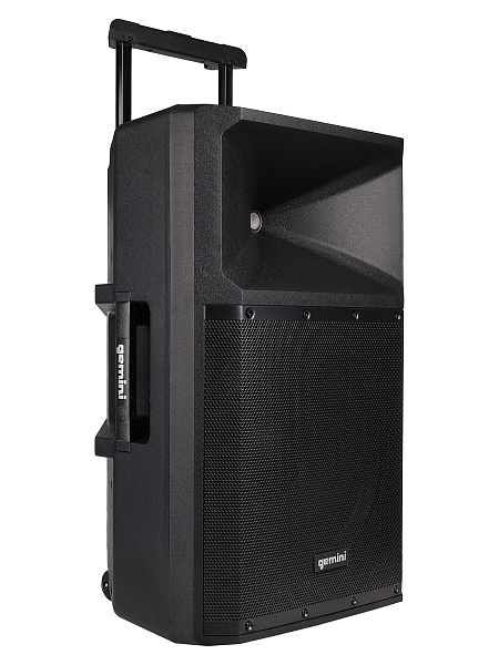 Акустическая система Gemini [GSP-2200] Активная, 2-х полосная, RMS/Peak 550/2200 Вт, АЧХ 40-20000 Гц, SPL 114 дБ, 15" ВЧ, 1,35" ВЧ, вх.: (2) XLR Mic, (2) 1/4" TRS Mic, 1/8” TRS AUX, RCA (L/R) AUX, XLR, вых.: XLR Mix, USB, SD, FM, Bluetooth