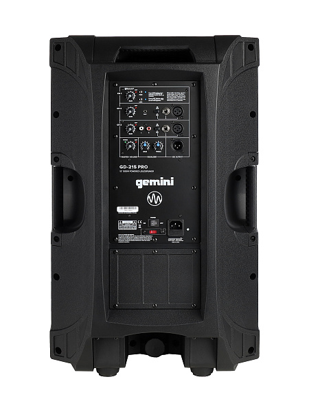 Акустическая система Gemini [GD-215PRO] Активная, 2-х полосная, мощность RMS/Peak 280/1300 Вт, Max Peak SPL 120 Вт, динамики: 15" НЧ, 1,35" ВЧ, входы: 1/8” TRS AUX, 2x 1/4" TRS, 2x XLR, 2x RCA AUX, выходы: XLR Mix Out, Bluetooth, микрофон