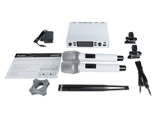 Микрофонная радиосистема Axelvox [DX800SW] UHF 650 - 758 MHz, подавитель обратной связи, цифровая модуляция, LCD дисплей, DSP, ручной микрофон - 2 шт., силиконовые кольца - 2 шт., держатель для микрофона - 2 шт., цвет белый.