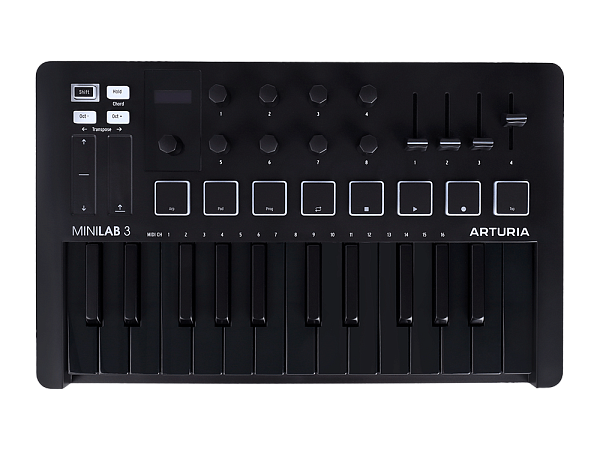 MIDI клавиатура [231503] Arturia [MiniLAB 3 Deep Black] 25 клавиш, 8 энкодеров, 8 RGB пэдов, 8 фейдеров, дисплей, сенсорные регуляторы Pitch/Modulation, MIDI-выход, 1/4" Jack вход педали, режим Chord, арпеджиатор, USB-C