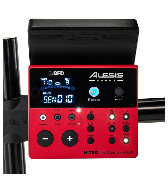 Электронная ударная установка [NITROPROKITXEUK] Alesis [NITRO PRO KIT] 1 x 10" двухзонный малый барабан, 3 x 8" двухзонных тома, 1 x 8" сетчатый бас-барабан, 1 x 10" Hi-Hat, 2 x 10" тарелки с функцией заглушения