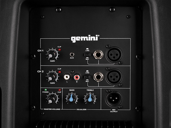 Акустическая система Gemini [AS-2112P] Активная, 2-х полосная, мощность RMS/Peak 750/1500 Вт, АЧХ 45-20000 Гц, Max SPL 108 дБ, динамики: 12" НЧ, 1" ВЧ, входы: 1/8" TRS AUX, RCA (L/R) AUX, 2xXLR микрофонные, 2x1/4" линейные, выходы: XLR Mix