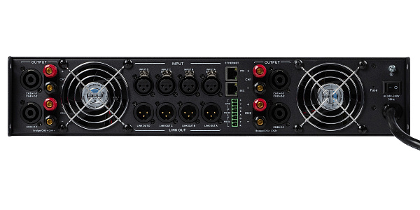 Усилитель Intrend [ITAMP-4x2K-TD] четырехканальный, 4x1500W/8Ом, 4x2400W/4Ом, 4x600/70V, мостовой режим: 2х4000W/8Ом; 4х1250/100V, поддержка Dante, встроенный DSP