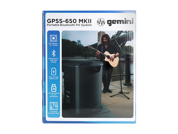 Акустическая система Gemini [GPSS-650 MKII] Активная, 2-х полосная, 50 Гц – 20 кГц, RMS/Peak 100/400 Вт, Bluetooth, TWS, EQ, Li-ion АКБ