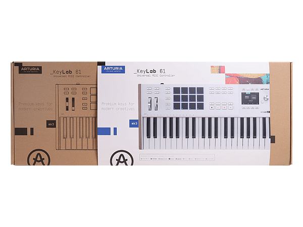 MIDI клавиатура [231631] Arturia [KeyLAB 61 MK3 White] 61 клавиша, полувзвешенная механика, дисплей, 12 пэдов , 9 фейдеров, 9 поворотных регуляторов, 3 входа для подключения педалей, MIDI in/out, USB-C