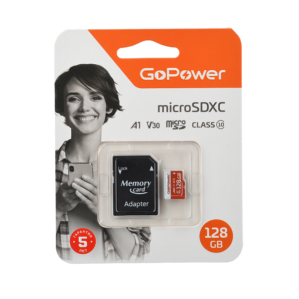 00-00025682 Карта памяти microSD 128GB Class10 UHS-I (U3) 100 МБ/сек V30 с адаптером, GoPower
