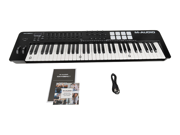 MIDI клавиатура [OXYGEN61MKV] M-audio [Oxygen 61 MKV] 61 клавиша, LCD дисплей, 8 энкодеров, 8 пэдов, 9 фейдеров, 12 кнопок управления, колеса высоты тона и модуляции, smart control, auto-mapping, встроенный арпеджиатор, 1/4" Jack вход для педали сустейна