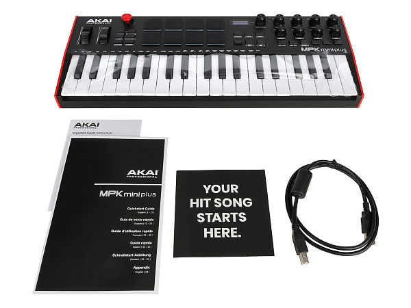 MIDI клавиатура [MPKMINIPLUS] AKAI [MPK Mini Plus] 37 мини-клавиш,  8 пэдов с RGB, 8 энкодеров, шаговый секвенсор, арпеджиатор, колесо pitch и modulation, OLED дисплей, выходы: CV/Gate: 3 x 1/8” Pitch/Gate/Mod, 1 x 1/8” CV Clock, вход: 1/8” CV Clock MIDI