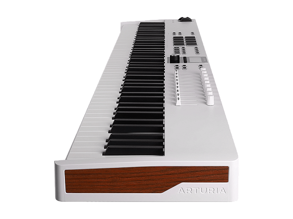 MIDI клавиатура [231541] Arturia [KeyLab Essential 88 mk3 White] 88 клавиш, LCD дисплей, 9 энкодеров, 8 пэдов, 9 фейдеров, 12 кнопок управления, колеса высоты тона и модуляции, 1/4" Jack вход для педали, MIDI выход, Type-C