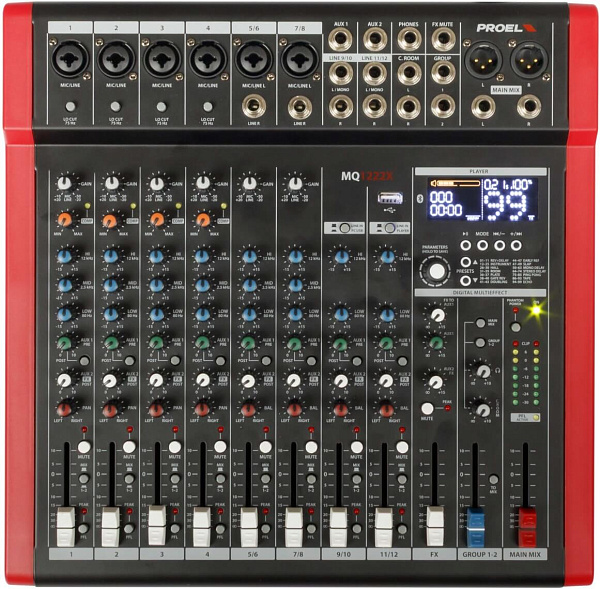 Микшерный пульт PROEL [MQ1222X] 12-ти канальный, 24 бит/48 кГц DSP, Bluetooth, медиа-плеер, 4x Combo XLR мик./лин. входа, 2x XLR+1/4" TRS (L/R) стерео мик./лин. входа, 2x XLR+1/4" TRS Main вых., 2x2 USB аудио интерфейс, 2x USB-A порта