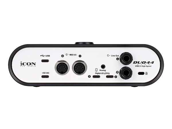 Аудиоинтерфейс USB [110313A2004] Icon [Duo44 Dyna B/W] АЦП/ЦАП: 24 бит/192 кГц, 127 дБ, входы/выходы: 2хCombo XLR/TRS/ 2х1/4" TRS, 1/8" mini Jack стерео, 1/4" TRS стерео выход на наушники, MIDI, +48 В, цвет черный/белый