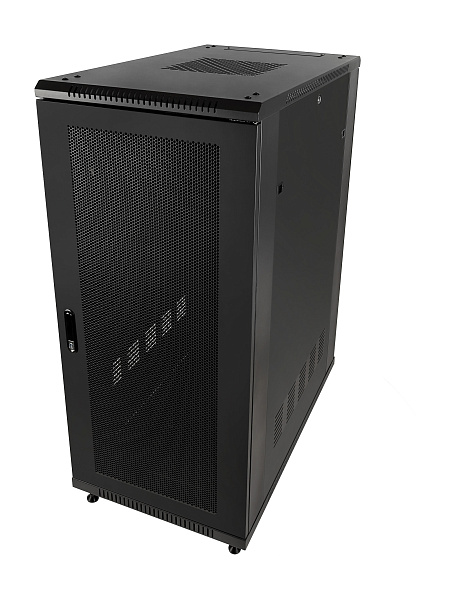 Рэковая стойка Wize Pro [W27U100R-M] 19”, 27U, 600х1000 мм, передняя и задняя двери металлические перфорированные, колеса, рэковые гайки: 20 шт, макс. вес нагрузки 800 кг, сталь, черный (3 места)