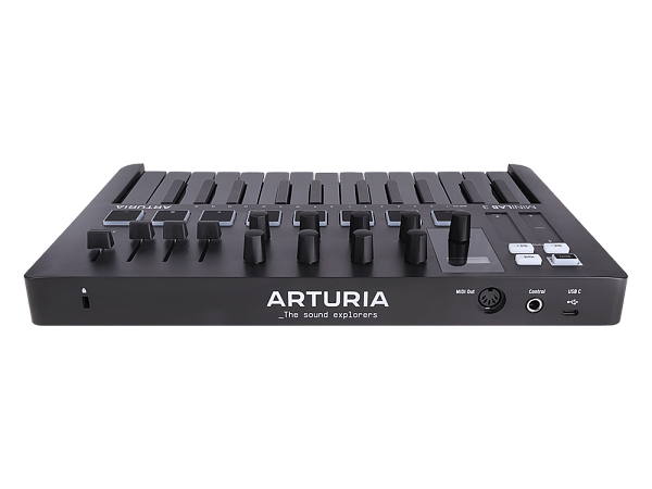 MIDI клавиатура [231503] Arturia [MiniLAB 3 Deep Black] 25 клавиш, 8 энкодеров, 8 RGB пэдов, 8 фейдеров, дисплей, сенсорные регуляторы Pitch/Modulation, MIDI-выход, 1/4" Jack вход педали, режим Chord, арпеджиатор, USB-C