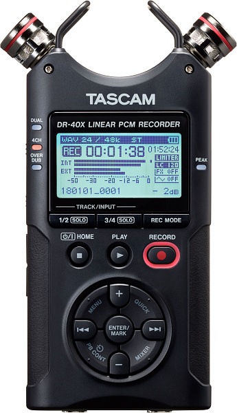 Рекордер мобильный [DR40X] Tascam [DR-40X] АЦП/ЦАП: 24 бит/96 кГц, 20-20000 Гц, THD: 0,01%, S/N: 94 дБ, микрофоны: 2 х всенаправленных A-B/X-Y, 2xCombo XLR/TRS Jack / 1/8" Stereo mini Jack, память: micro SDHC/SDXC, питание: 3 батареи АА, USB Micro-B