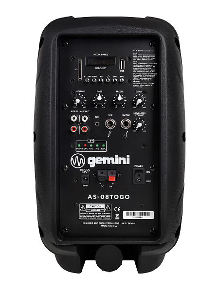 Акустическая система Gemini [AS-08TOGO] Активная, 2-х полосная, RMS/Peak 150/500 Вт, АЧХ 60-20000 Гц, SPL 98 дБ, 8" НЧ, 2,5" ВЧ, входы: RCA (L/R) AUX, 1/8" TRS AUX, 1/4" TS микр., 1/4" TS гитар., выходы: RCA (L/R) AUX, USB, SD, Bluetooth