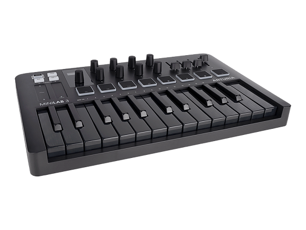 MIDI клавиатура [231503] Arturia [MiniLAB 3 Deep Black] 25 клавиш, 8 энкодеров, 8 RGB пэдов, 8 фейдеров, дисплей, сенсорные регуляторы Pitch/Modulation, MIDI-выход, 1/4" Jack вход педали, режим Chord, арпеджиатор, USB-C