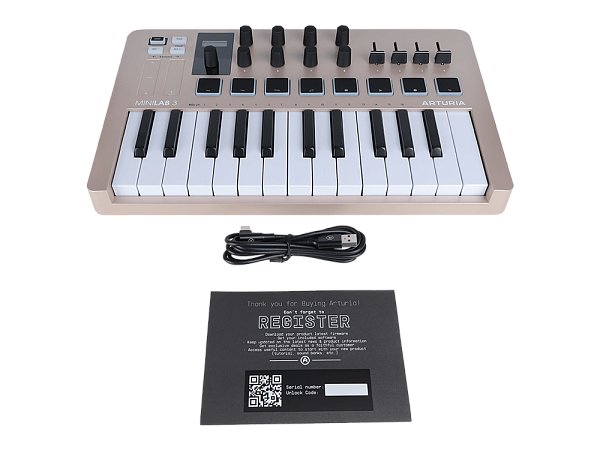 MIDI клавиатура [231508] Arturia [MiniLAB 3 Champagne] 25 клавиш, 8 энкодеров, 8 RGB пэдов, 8 фейдеров, дисплей, сенсорные регуляторы Pitch/Modulation, MIDI-выход, 1/4" Jack вход педали, режим Chord, арпеджиатор, USB-C