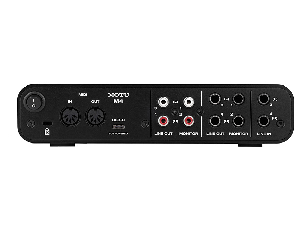 Аудиоинтерфейс USB [3140/3141] Motu [M4] АЦП/ЦАП: 24 бит/192 кГц, ЦАП ESS Sabre32 Ultra, 120 дБ, THD+N: -110 дБ, 2xCombo XLR/TRS, 2x1/4" TRS Jack входа / 4xRCA выхода, 4x1/4" TRS Jack выхода, 1/4" TRS Jack выход для наушников, MIDI, USB-C