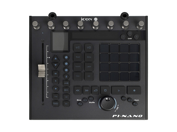 MIDI контроллер [110205A2016] Icon [P1 Nano] Компактный однофейдерный DAW контроллер,, 4-х дюймовый сенсорный дисплей, 8 двухфункциональных энкодеров, 12-сегментный светодиодный дисплей SMPTE, beat clock, Jog Wheel, функциональные кнопки, USB-C