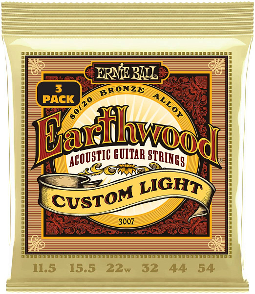 ERNIE BALL 3007 Earthwood 80/20 Bronze Custom Light 3 Pack 11.5-54 - Струны для акустической гитары