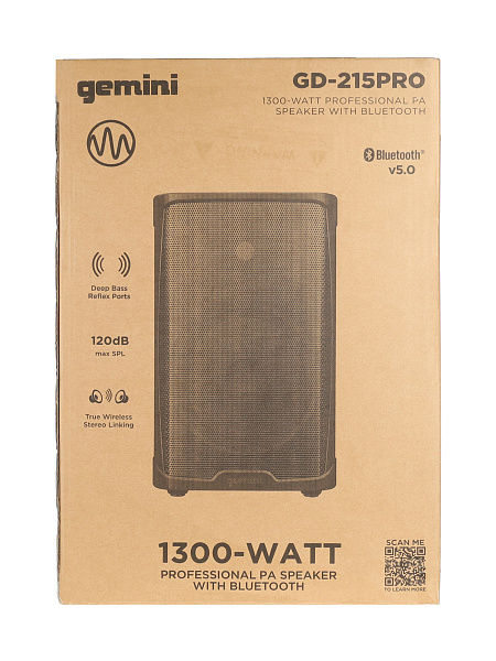 Акустическая система Gemini [GD-215PRO] Активная, 2-х полосная, мощность RMS/Peak 280/1300 Вт, Max Peak SPL 120 Вт, динамики: 15" НЧ, 1,35" ВЧ, входы: 1/8” TRS AUX, 2x 1/4" TRS, 2x XLR, 2x RCA AUX, выходы: XLR Mix Out, Bluetooth, микрофон