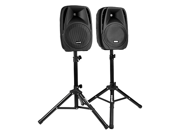 Акустическая система Gemini [ES-210MXBLU-ST] Комплект: 2х АС 10"НЧ/1"ВЧ, микшер с усилителем 150 Вт RMS, входы: 4x XLR Mic, 6x 1/4" TRS Line, 2x RCA, 1/8” TRS, выходы: 2x 1/4" TRS, 2x RCA, 1/8” TRS Headphones, 2х стойки, микрофон, кабели