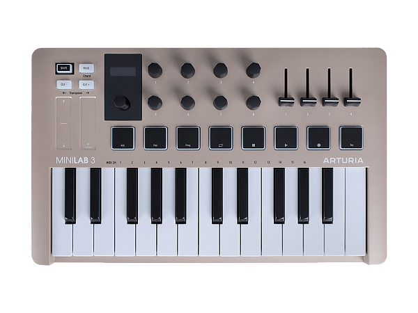 MIDI клавиатура [231508] Arturia [MiniLAB 3 Champagne] 25 клавиш, 8 энкодеров, 8 RGB пэдов, 8 фейдеров, дисплей, сенсорные регуляторы Pitch/Modulation, MIDI-выход, 1/4" Jack вход педали, режим Chord, арпеджиатор, USB-C
