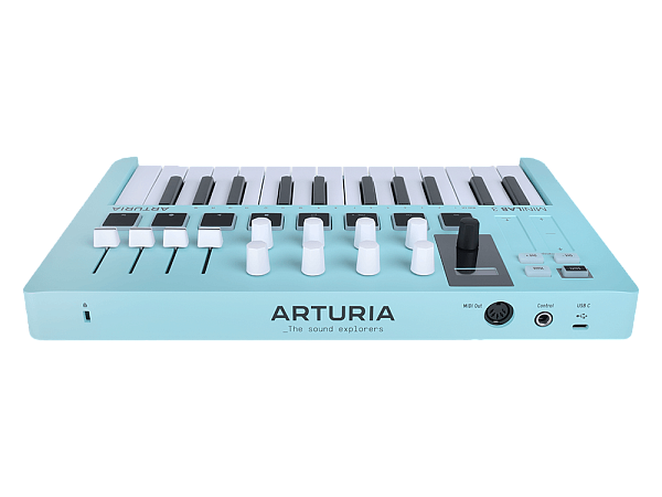 MIDI клавиатура [231599] Arturia [MiniLAB 3 Aquamarine] 25 клавиш, 8 энкодеров, 8 RGB пэдов, 8 фейдеров, дисплей, сенсорные регуляторы Pitch/Modulation, MIDI-выход, 1/4" Jack вход педали, режим Chord, арпеджиатор, USB-C
