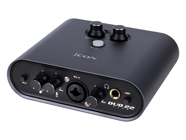 Аудиоинтерфейс USB [110313A2003] Icon [Duo22 Dyna B] АЦП/ЦАП: 24 бит/192 кГц, 127 дБ, входы/выходы: Combo XLR/TRS, 1/4" TS/ 2х1/4" TRS, 1/8" mini Jack стерео, 1/4" TRS стерео выход на наушники, USB-C, +48 В, цвет черный