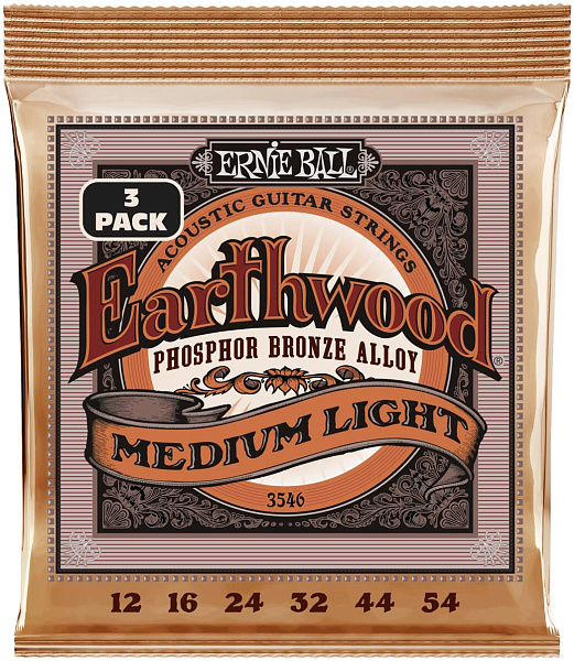 ERNIE BALL 3546 Earthwood Phosphor Bronze Medium Light 3 Pack 12-54 - Струны для акустической гитары