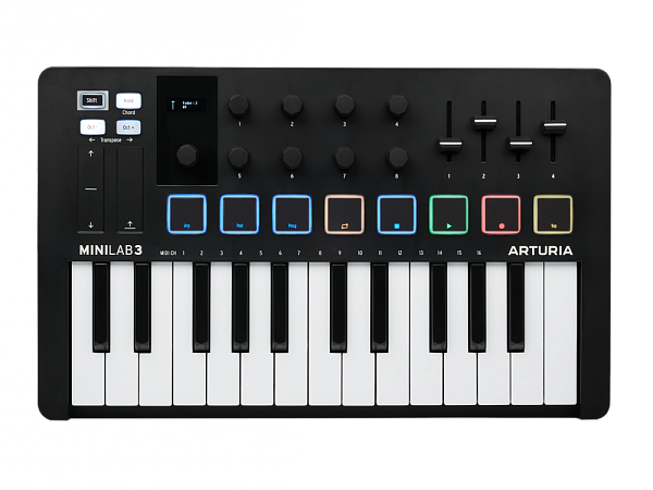 MIDI клавиатура [231502] Arturia [MiniLAB 3 Black Edition] 25 клавиш, 8 энкодеров, 8 RGB пэдов, 8 фейдеров, дисплей, сенсорные регуляторы Pitch/Modulation, MIDI-выход, 1/4" Jack вход педали, режим Chord, арпеджиатор, USB-C