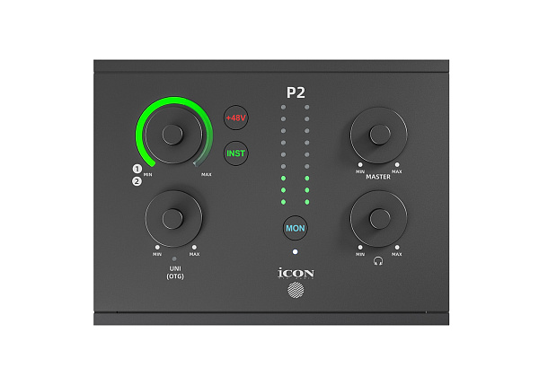 Аудиоинтерфейс [110307A3001] Icon [Panel 2] АЦП/ЦАП 24 бит/192 кГц, Combo XLR/TRS микр. вход, 1/4" TS инстр. вход, 1/8" TRS AirMic вход, 2x1/4" TRS лин. выхода, 1/4" TRS, 1/8" TRS вых. для наушн., USB-C 2.0 для комп., USB-C для питания, USB-C UNI OTG
